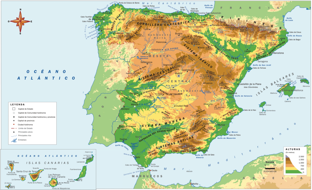 Carte physique de l'Espagne