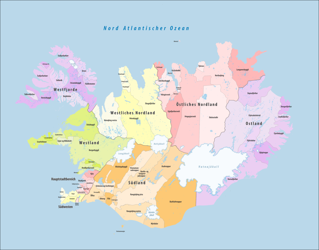 Carte des municipalités d'Islande en 2022.