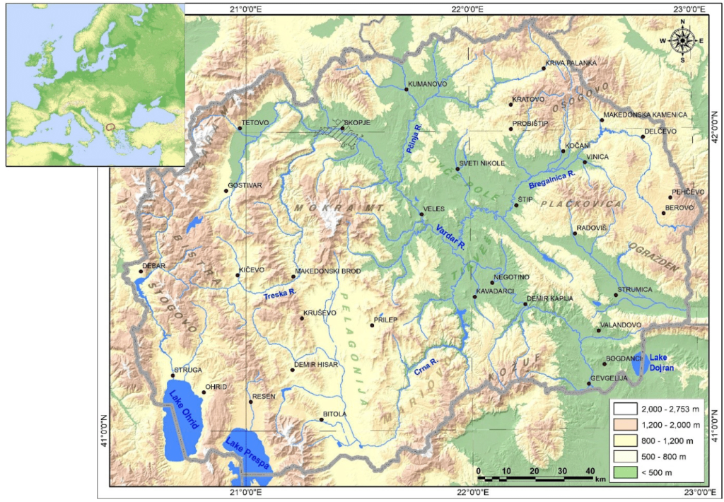 Carte physique de la Macédoine du Nord