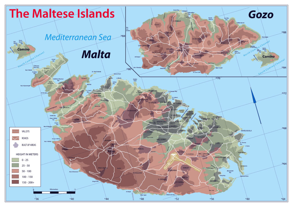Carte physique de Malte.