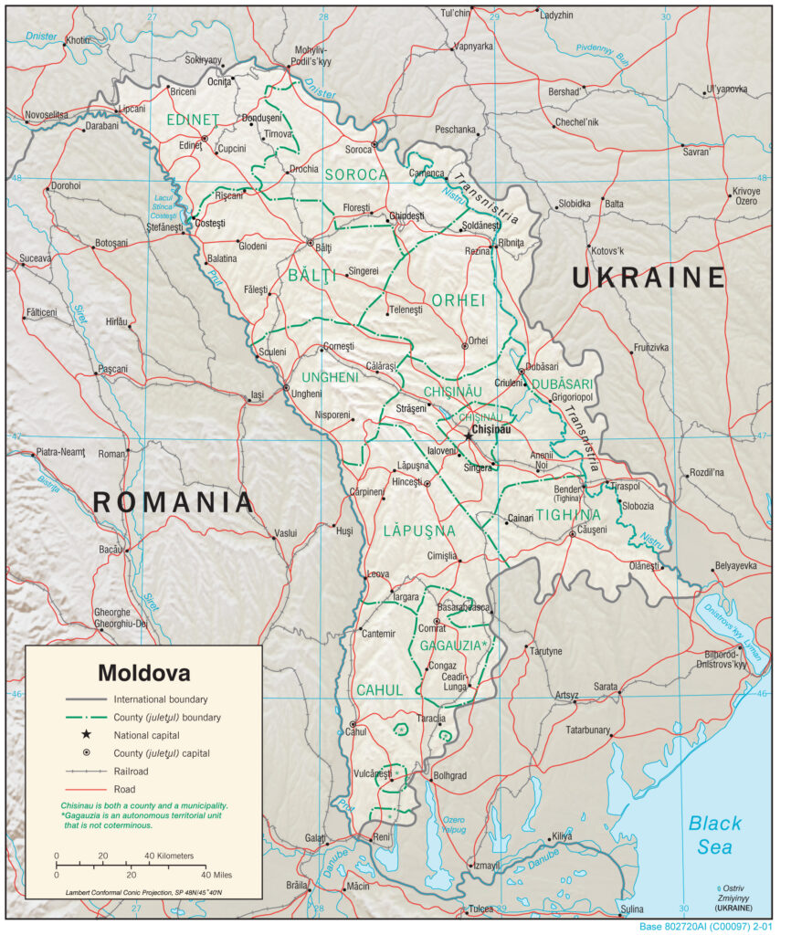 Carte physique de la Moldavie.