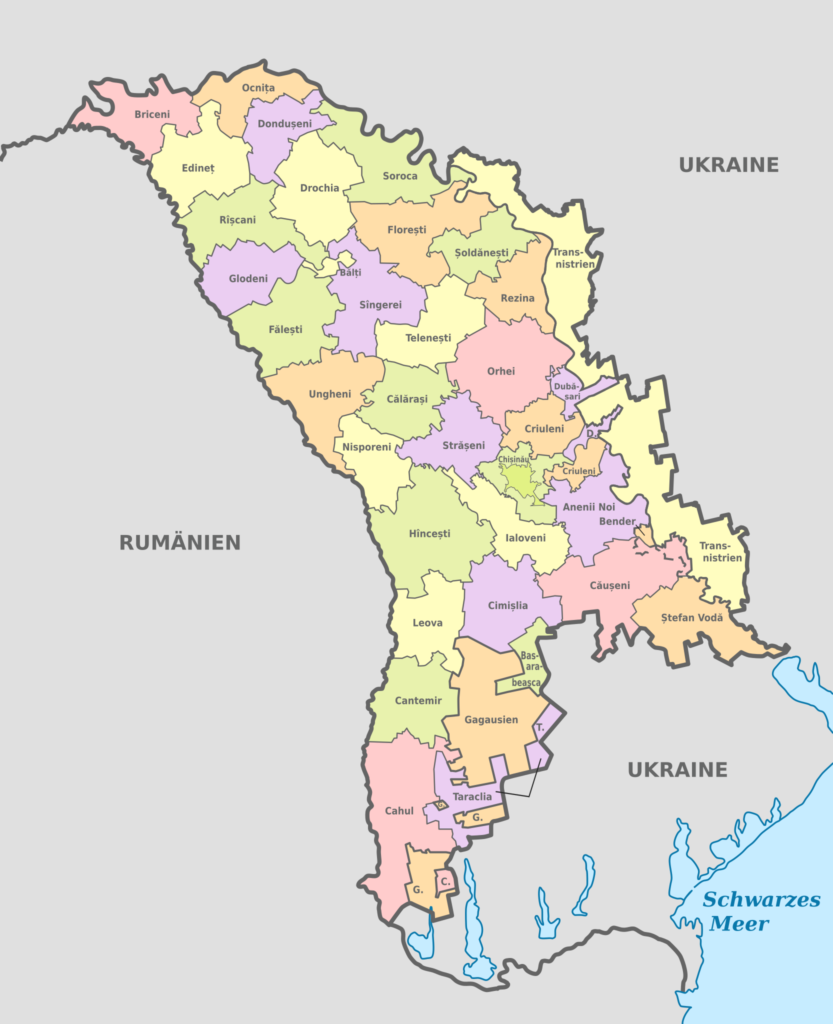 Carte des subdivisions administratives de premier niveau de la Moldavie.