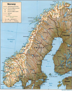 Carte en relief ombré de la Norvège.