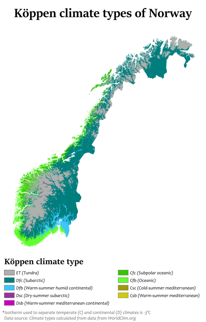 Carte climatique de la Norvège.