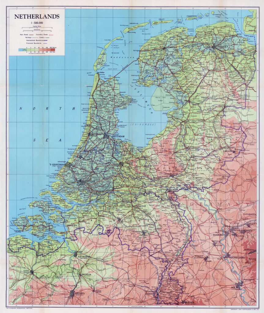 Carte physique des Pays-Bas de 1944.