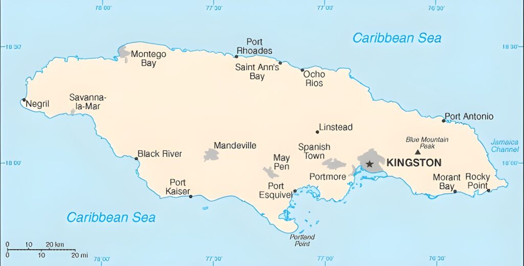 Carte des principales villes de Jamaïque