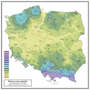 Précipitations annuelles en Pologne. Période de référence 1991-2020.