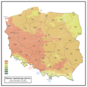 Température moyenne de l'air en Pologne. Période de référence 1991-2020.