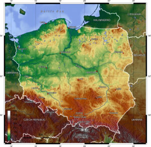 Carte topographique de la Pologne.