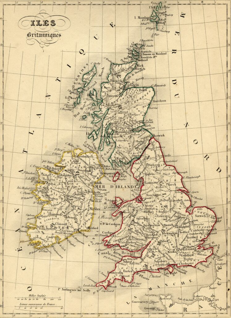 Carte géographique ancienne du Royaume-Uni de 1843.