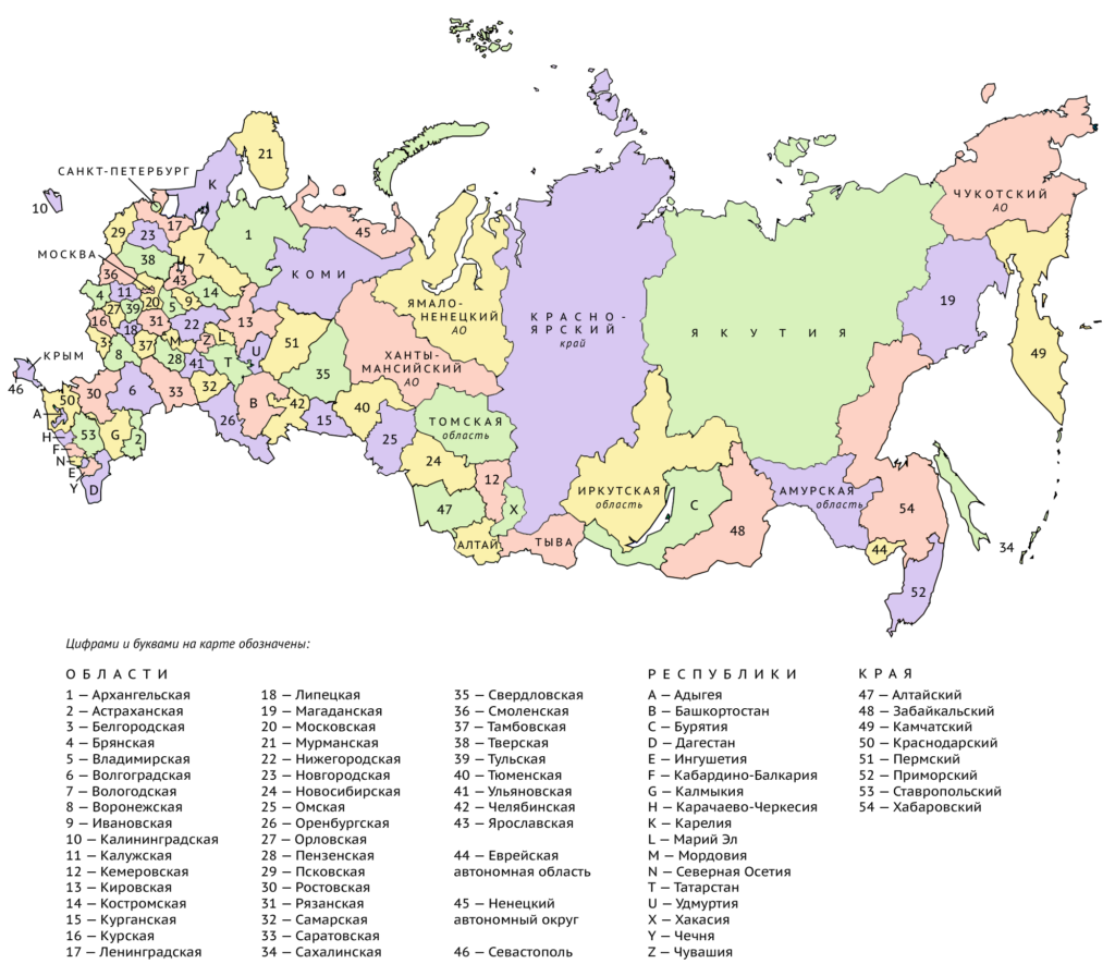 Carte politique de la fédération de Russie.