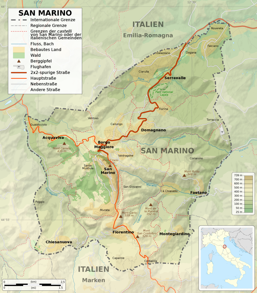 Carte physique de Saint-Marin.