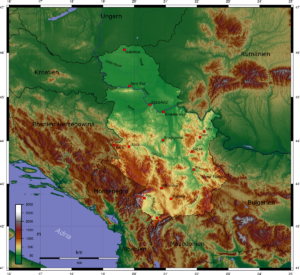 Carte topographique de la Serbie.