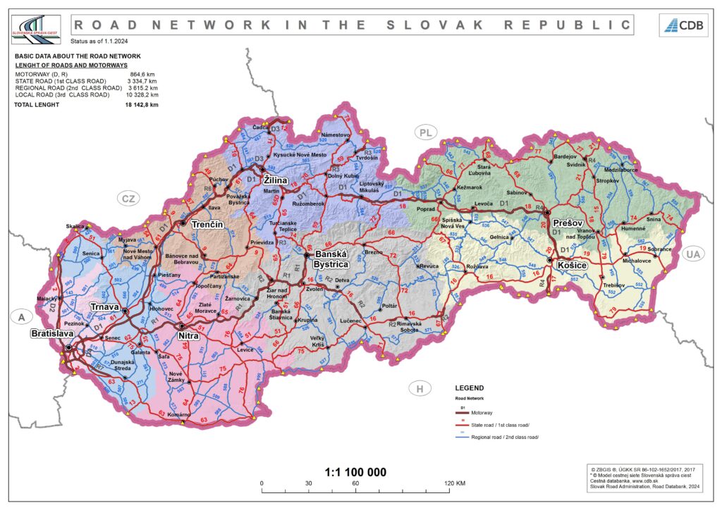 Carte routière de la Slovaquie.