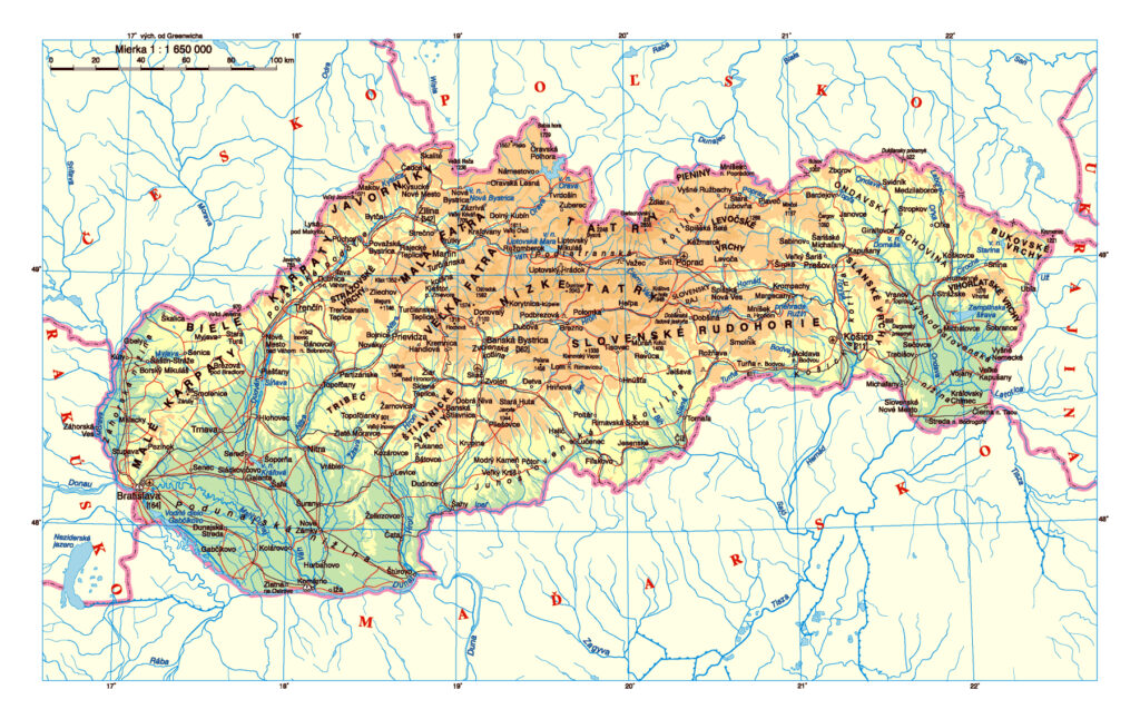 Carte physique de la Slovaquie.