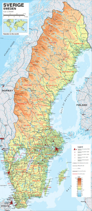 Carte physique de la Suède