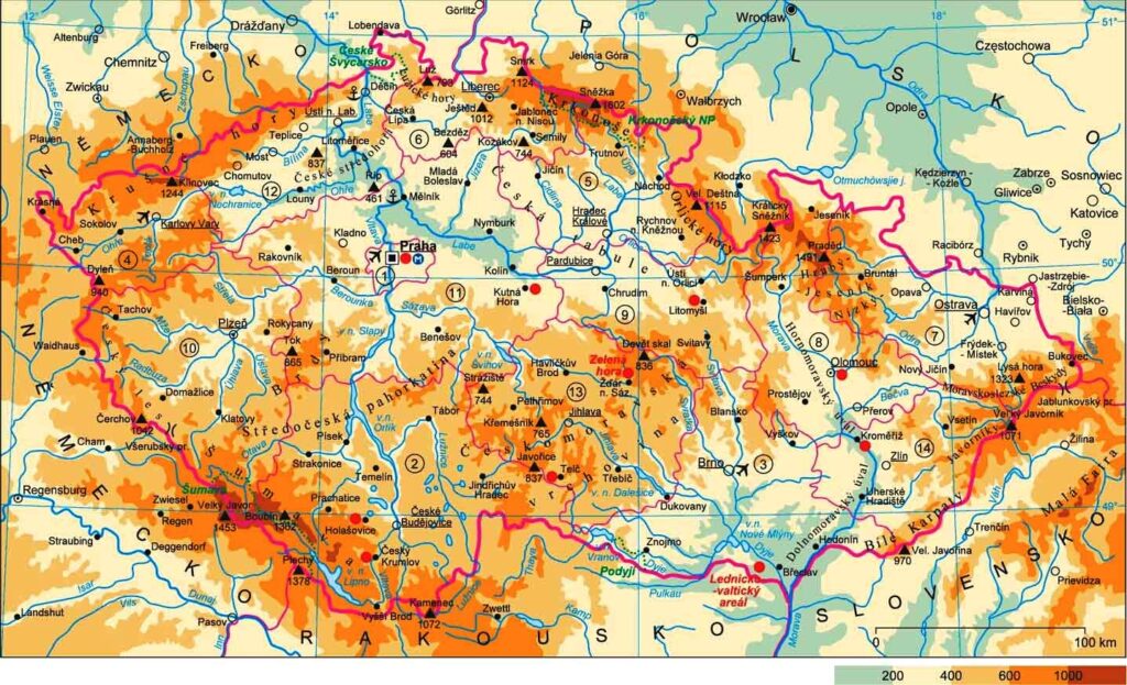 Carte physique de la République tchèque.