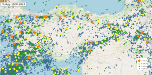 Carte des tremblements de terre en Turquie 1900-2023.