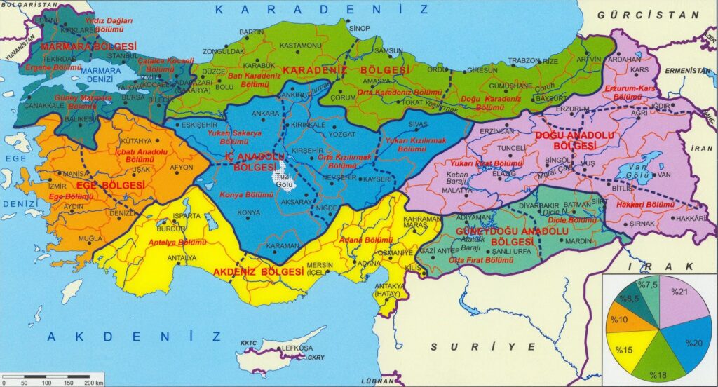 Carte des régions géographiques traditionnelles de Turquie.