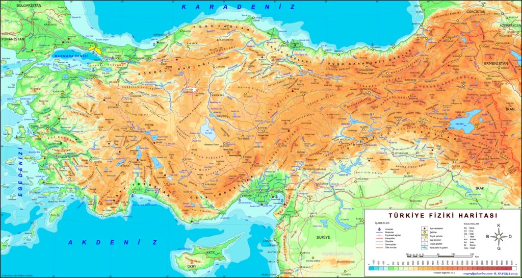 Carte physique de la Turquie.