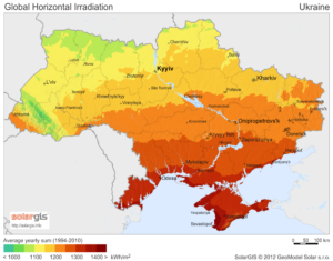 Irradiation solaire annuelle moyenne en Ukraine.