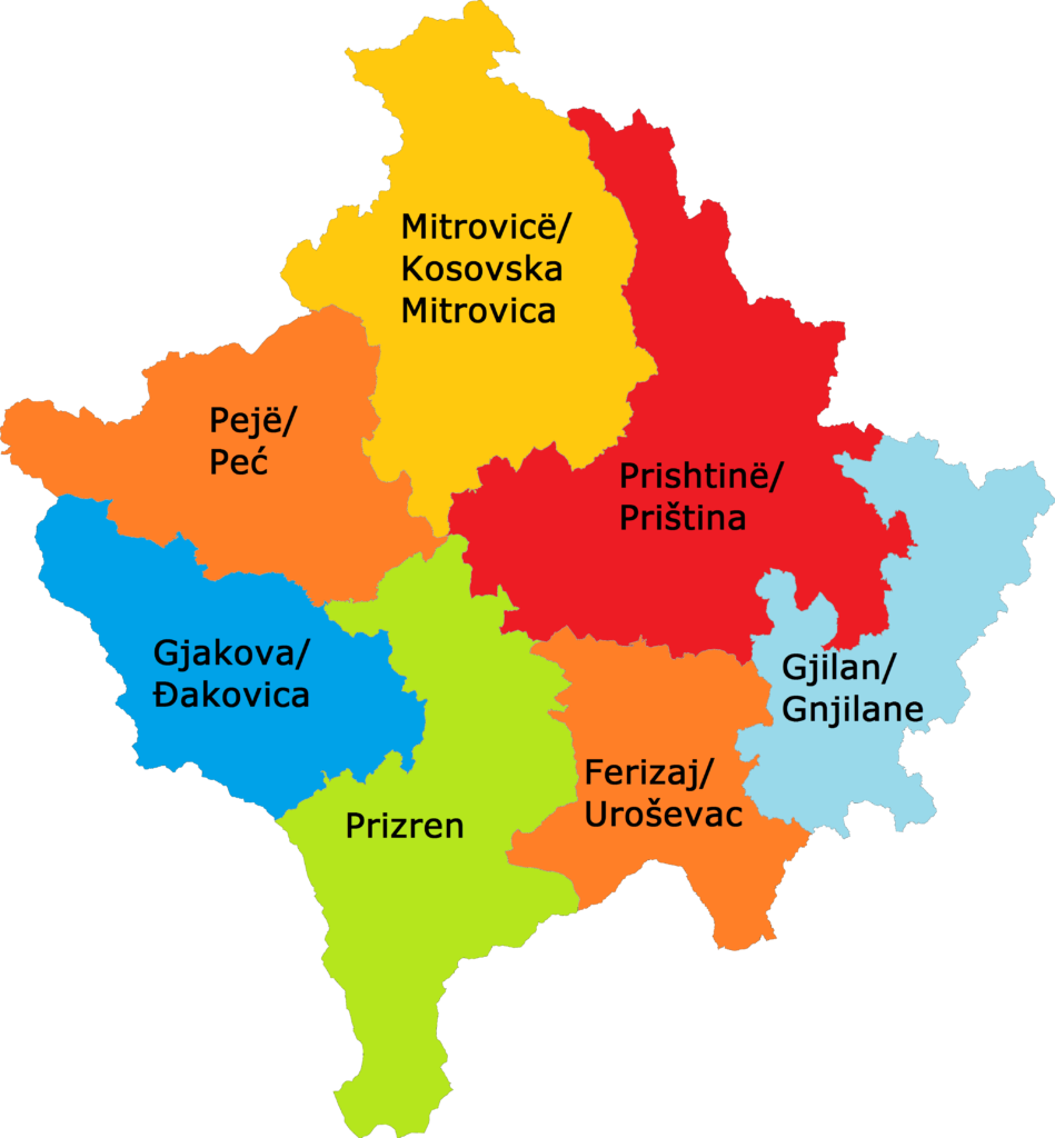 Carte des districts du Kosovo.