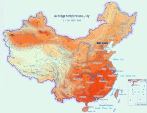 Carte des températures moyennes en juillet en Chine.