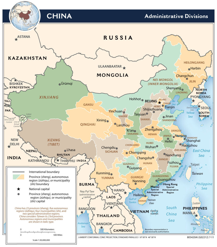 Carte des Provinces, Régions autonomes, Régions administratives spéciales et Municipalités de Chine.