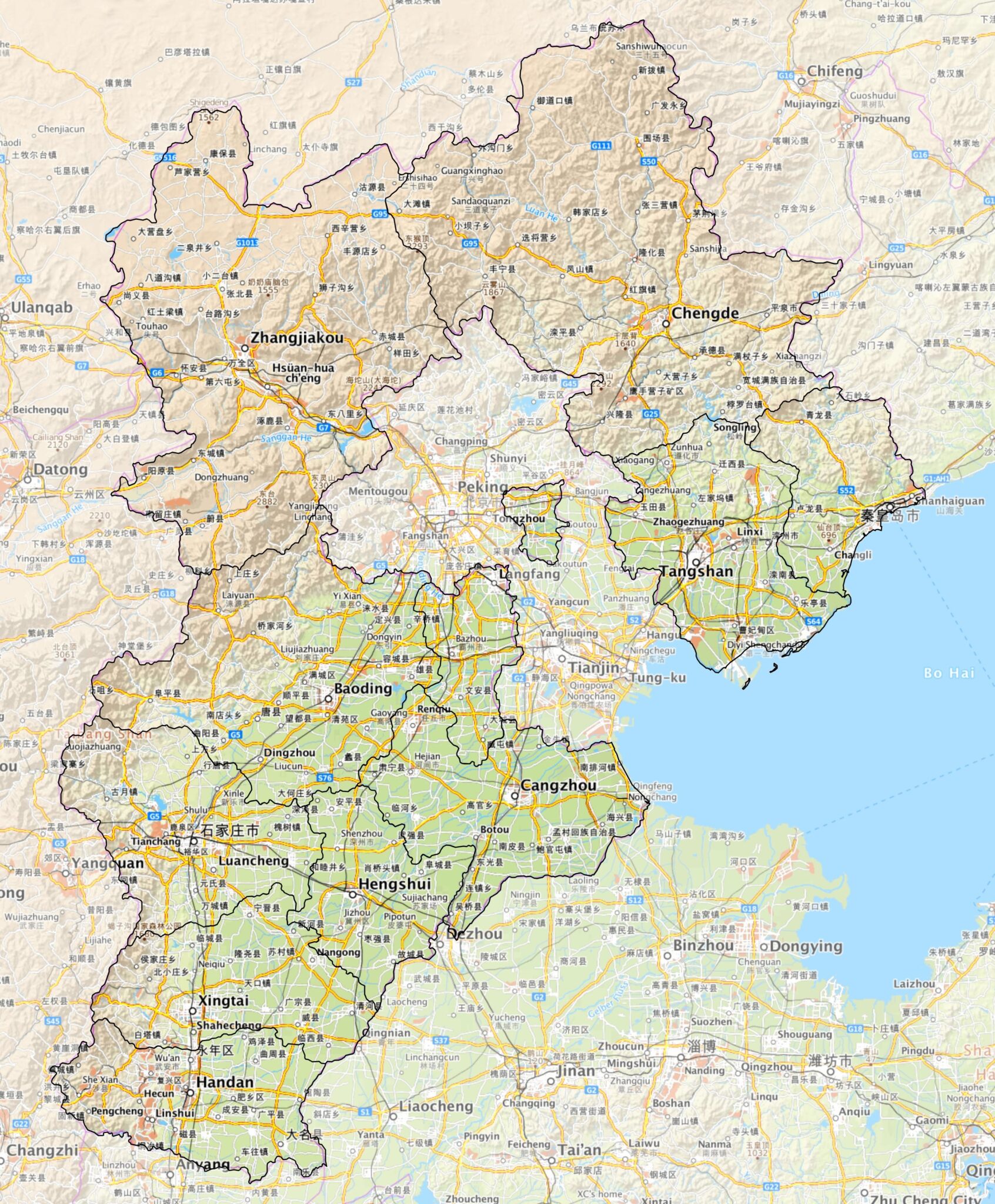 Carte de la province du Hebei, Chine