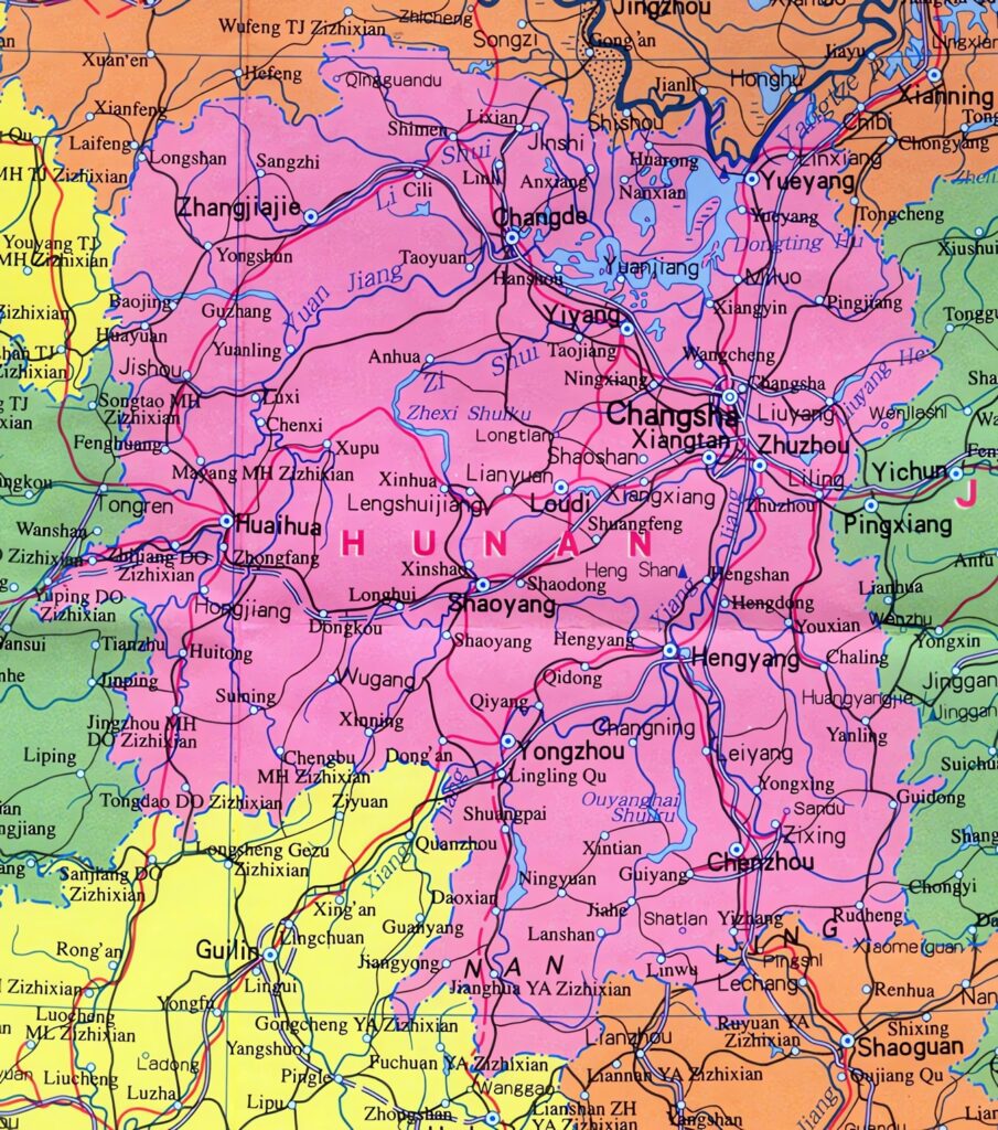 Carte de la province du Hunan, Chine.