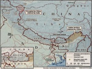 Carte des conflits frontaliers entre le Tibet (Chine) et l'Inde.