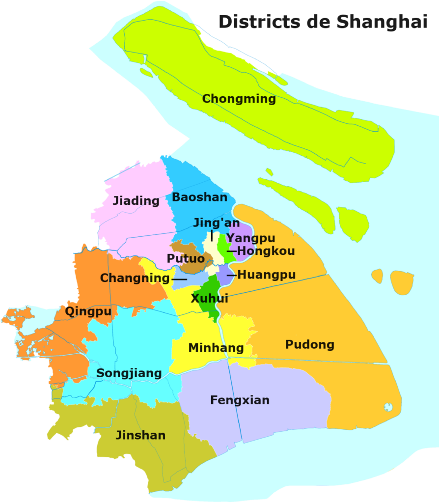 Carte des districts de la municipalité de Shanghai.