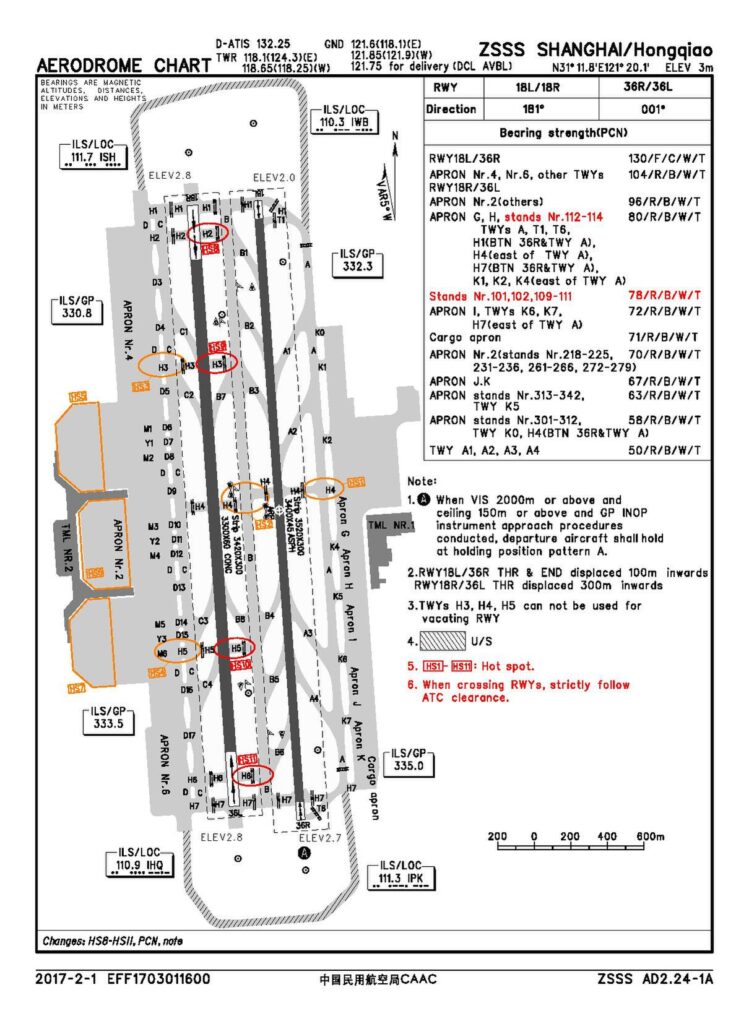 Plan de l'aéroport international de Shanghai Hongqiao (2017).