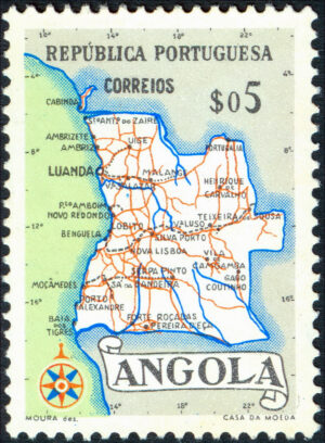 Carte de l’Angola sur un timbre circa 1955