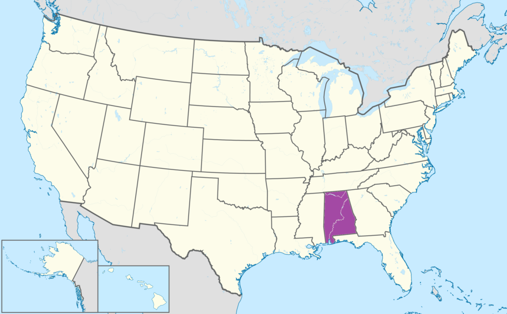 Carte de localisation de l’État de l’Alabama.