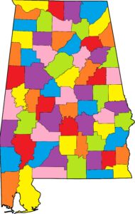Carte vierge colorée de l'État de l'Alabama.