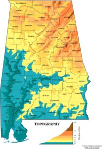 Carte topographique de l'Alabama.