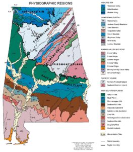 Carte des régions physiographiques de l'Alabama.