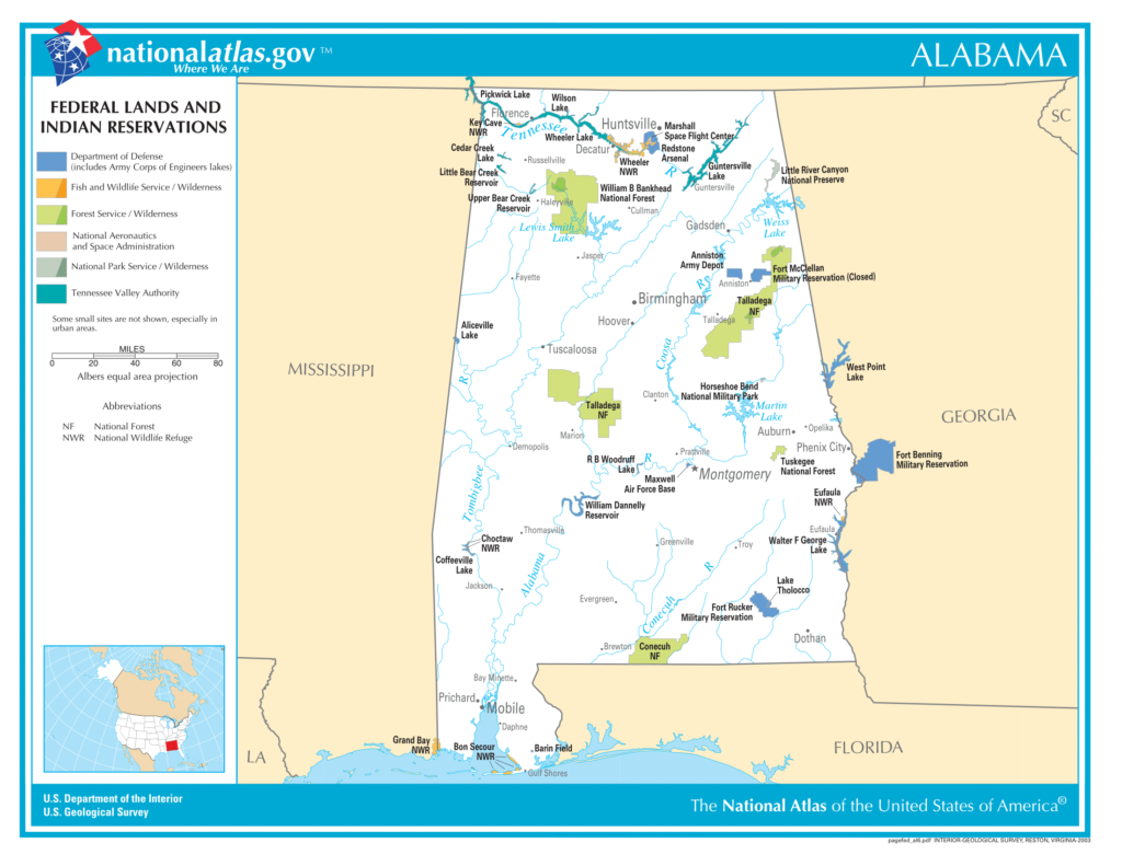 Carte des terres fédérales et des réserves indiennes de l'Alabama