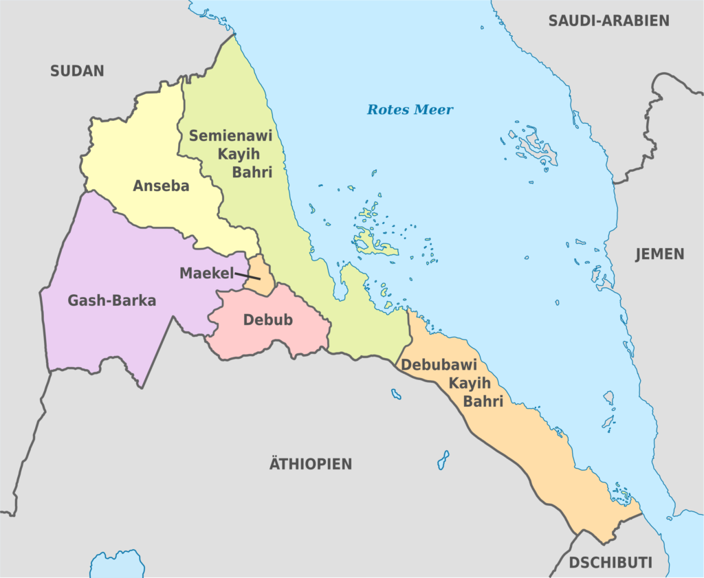 Carte des régions de l’Érythrée.