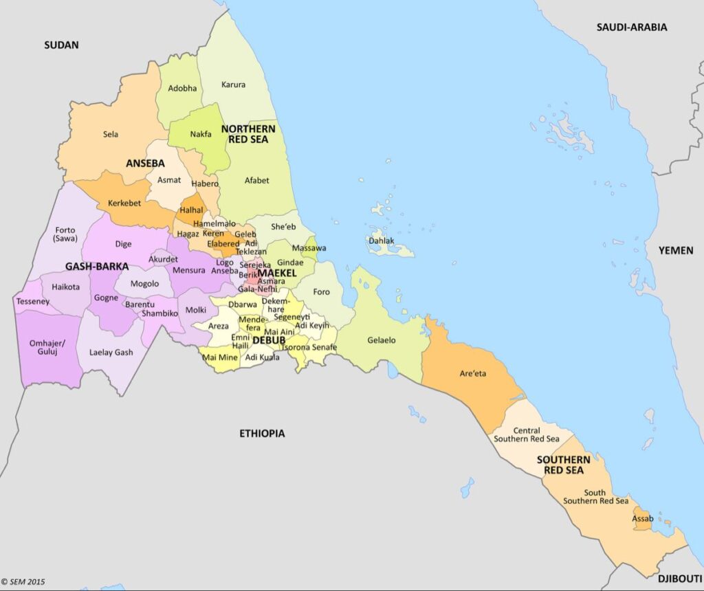 Carte des districts de l’Érythrée.