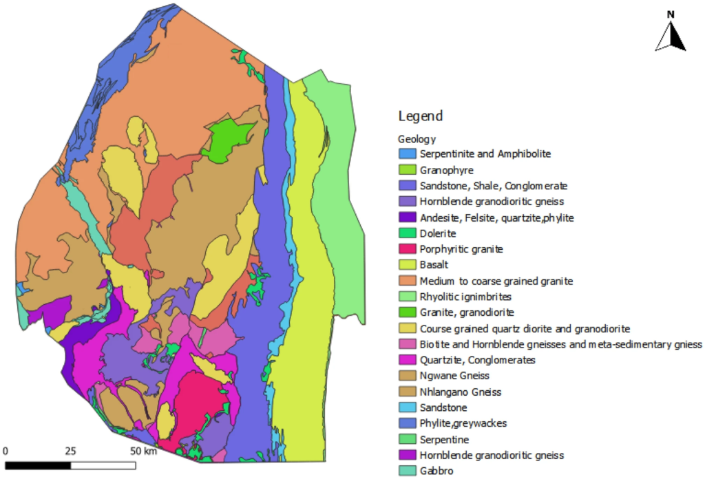 Carte géologique de l'Eswatini.