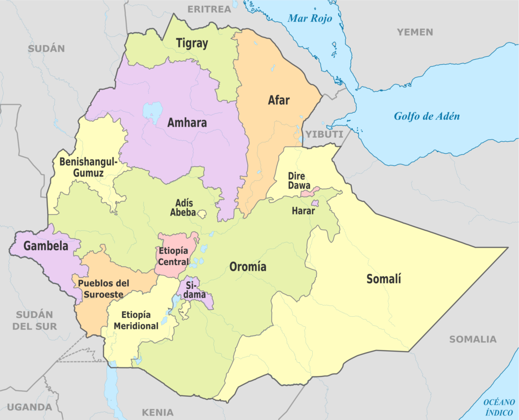 Carte des régions d'Éthiopie.
