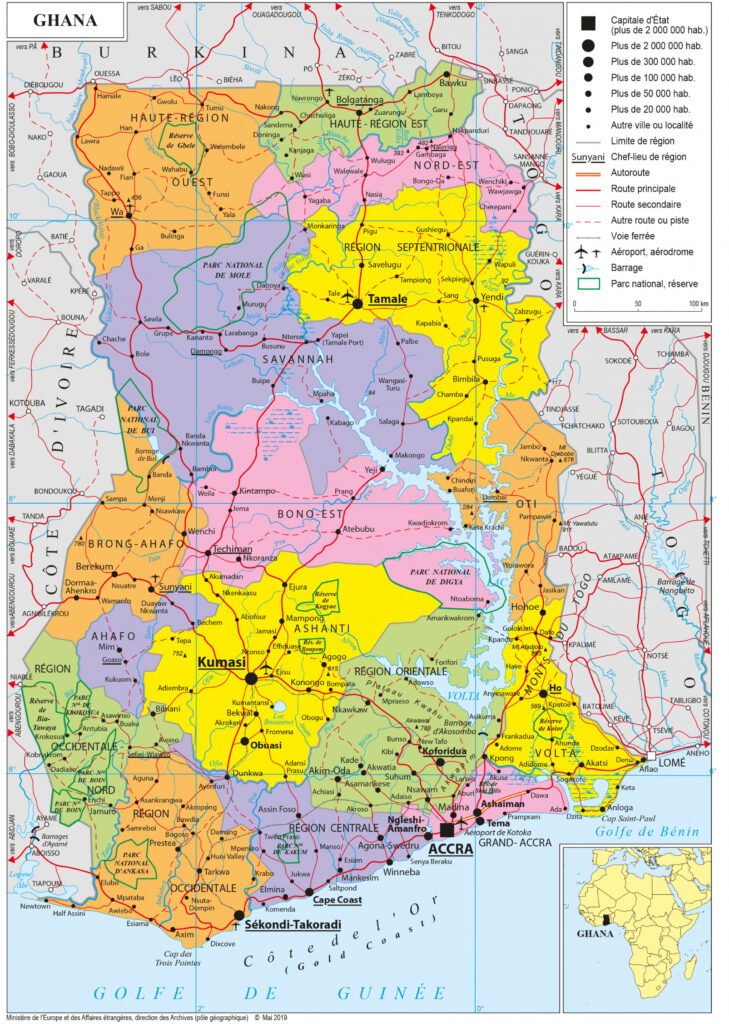 Carte des régions administratives du Ghana.