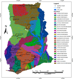 Carte des bassins fluviaux du Ghana.