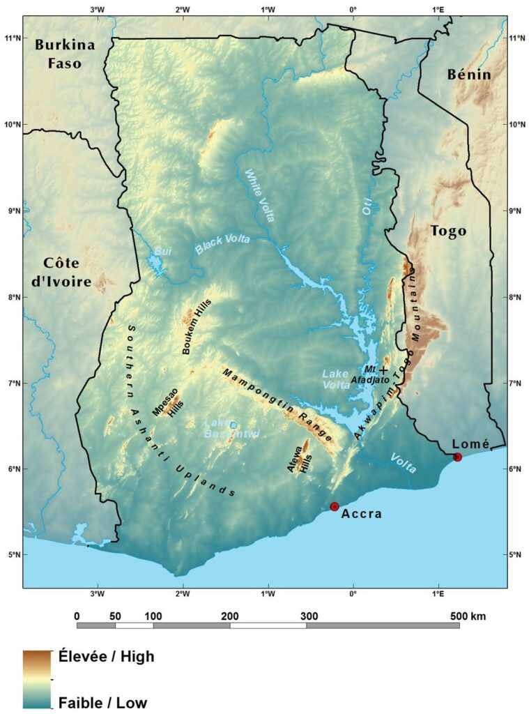 Carte physique du Ghana.