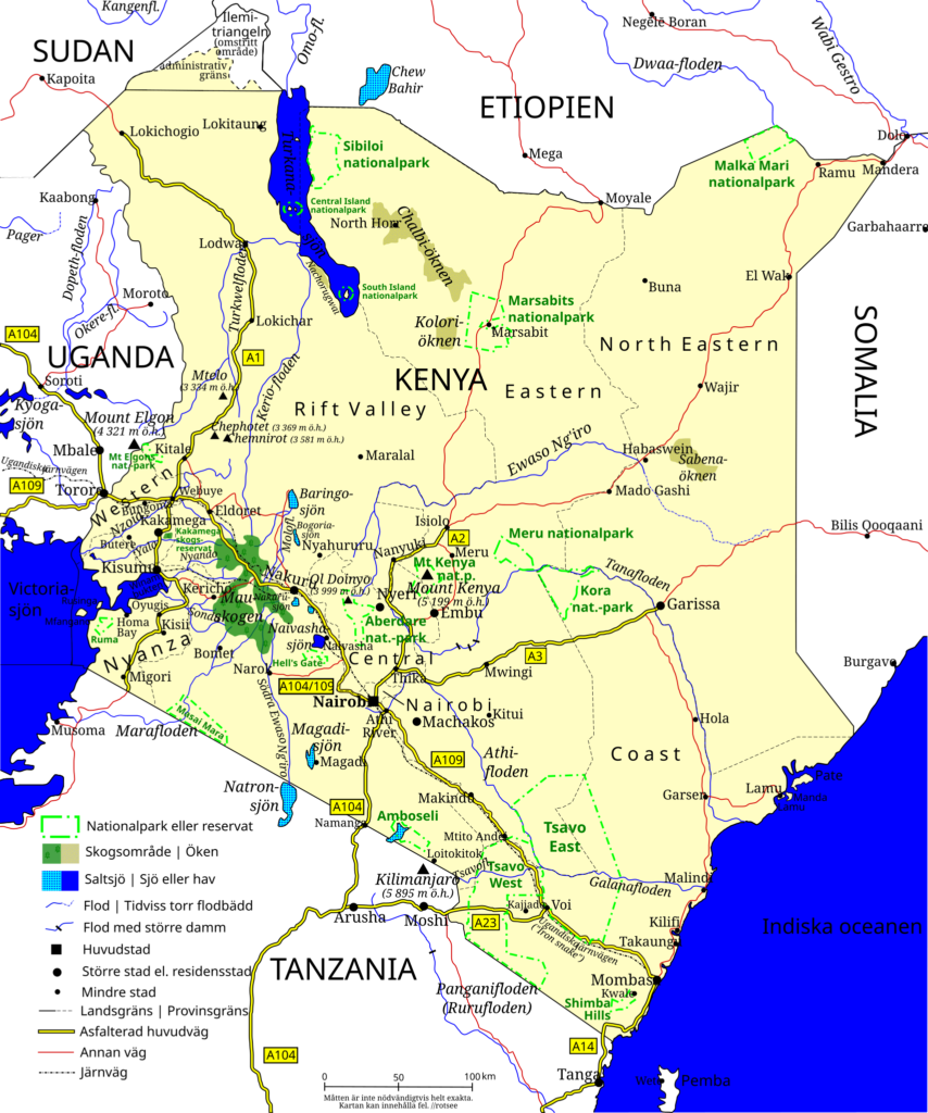 Carte routière du Kenya.