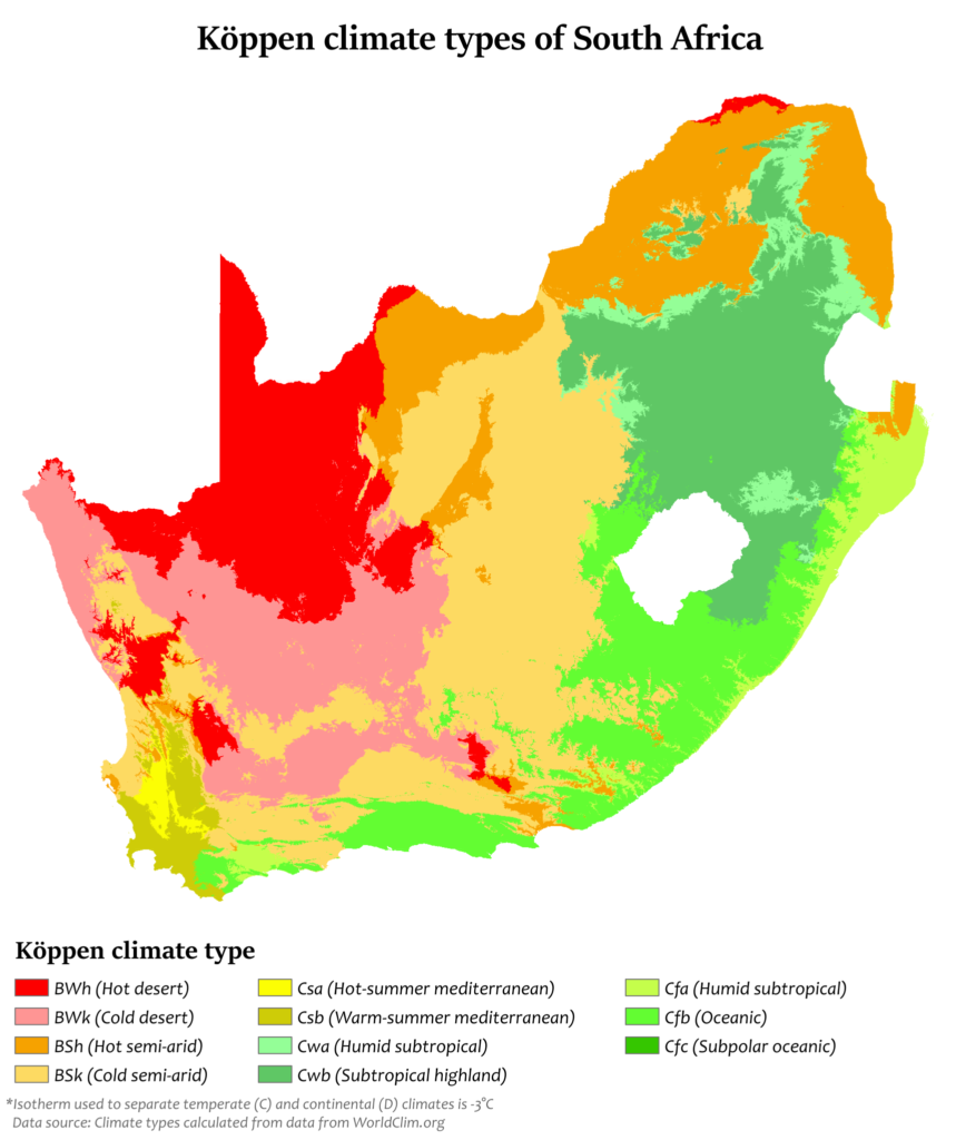 Carte climatique de l'Afrique du Sud.