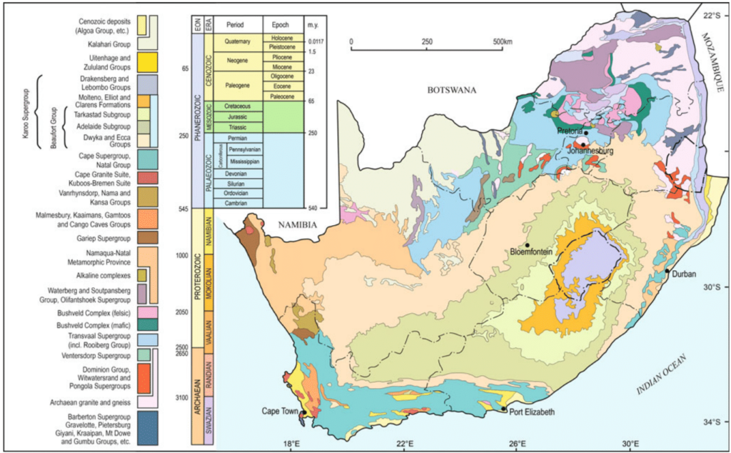 Carte géologique de l'Afrique du Sud.