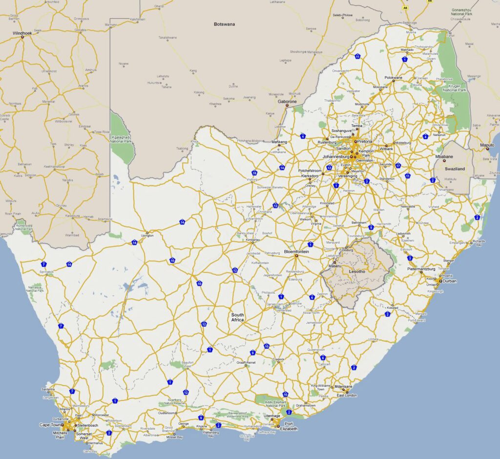 Carte routière de l'Afrique du Sud.